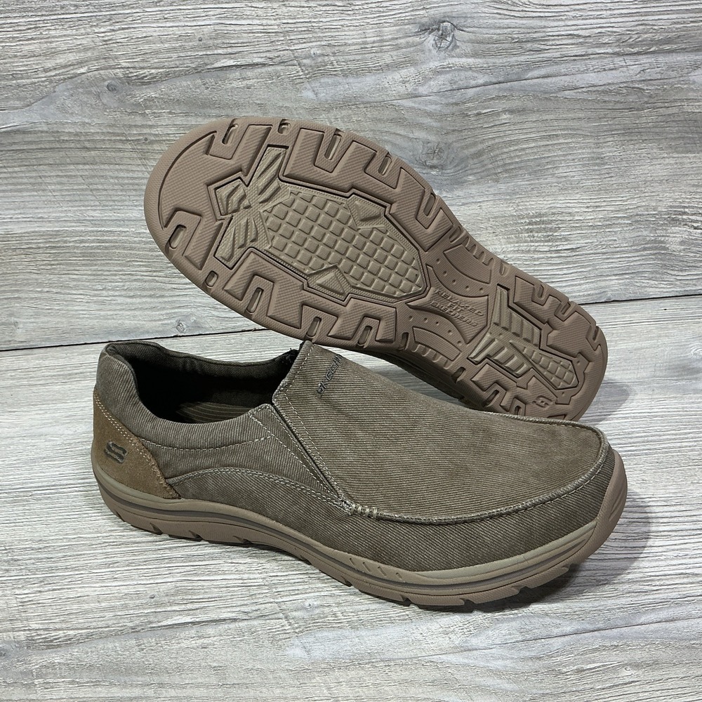 Skechers Relaxed Fit Memory Foam Mens 13 Khaki Canvas Slip On Loafers 64109 KHK